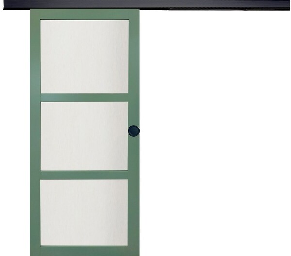 GD MENUISERIES - Porte Coulissante Vert Sauge RAL 6021 Vitrée H204 x L73 cm, Rail Alu Bandeau Noir, coquilles Noir - large