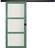 GD MENUISERIES - Porte Coulissante Vert Sauge RAL 6021 Vitrée H204 x L73 cm, Rail Alu Bandeau Noir, coquilles Noir - vignette