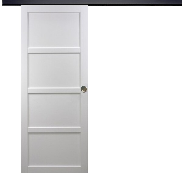 GD MENUISERIES - Porte Coulissante Tamera blanc 4 panneaux H204 x L63 cm, Rail Alu bandeau noir, Coquilles - large