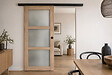 GD MENUISERIES - Porte Coulissante bois Frake Vitrée H204 x L83 cm, rail bandeau noir, coquilles Noir - vignette