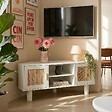OVIALA - Meuble TV d'angle 120 cm en rotin synthétique scandinave crème - Adam - vignette