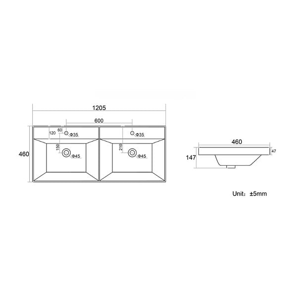 SWISS AQUA TECHNOLOGIES - B-Way 121x46 cm double vasque semi-encastrée en céramique, pour meuble de salle de bain SATEVO120NA, blanc (SATBW212046) - large
