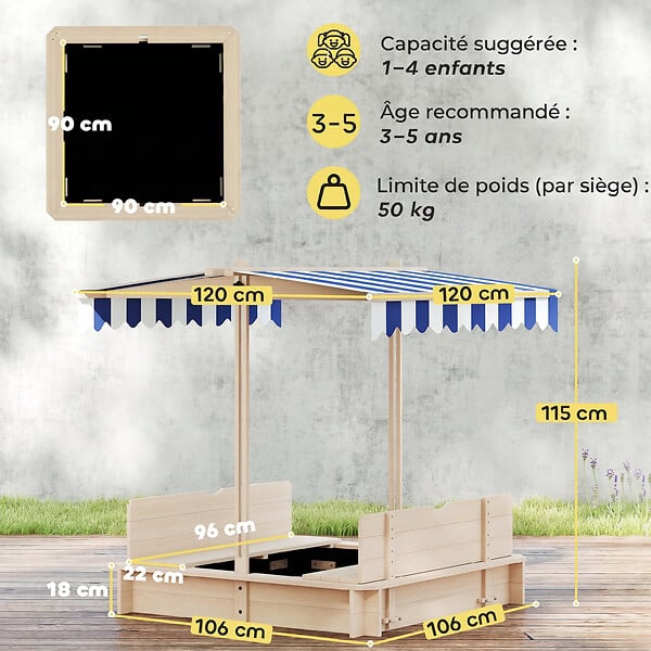 OUTSUNNY - Bac à sable carré en bois pour enfant dim. 106L x 106l cm avec bancs et couvercle - auvent réglable - large