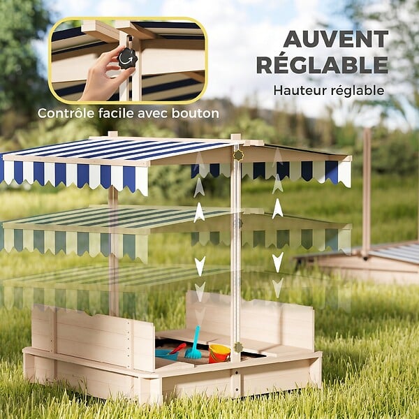 OUTSUNNY - Bac à sable carré en bois pour enfant dim. 106L x 106l cm avec bancs et couvercle - auvent réglable - large