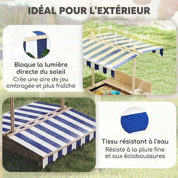 OUTSUNNY - Bac à sable carré en bois pour enfant dim. 106L x 106l cm avec bancs et couvercle - auvent réglable - large