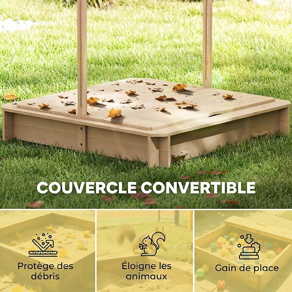 OUTSUNNY - Bac à sable carré en bois pour enfant dim. 106L x 106l cm avec bancs et couvercle - auvent réglable - large