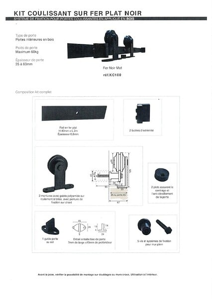 GD MENUISERIES - Porte Coulissante Telia Noir Vitrée H204 x L73 cm, Rail roulettes, Coquilles - large