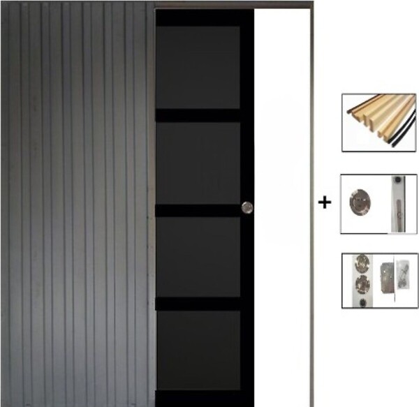 GD MENUISERIES - Porte Coulissante Telia noir 4 panneaux H204 x L73 + SYSTEME de galandage et kit finition inclus - large