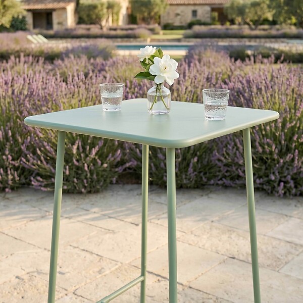 OVIALA - Table haute de jardin carrée en acier vert sauge 70cm - Palavas - large