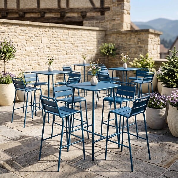 OVIALA - Table haute de jardin carrée en acier bleu pacific - Palavas - large