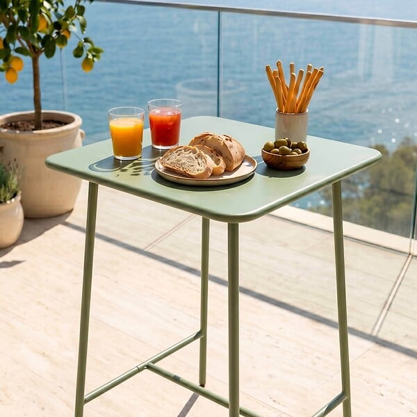 OVIALA - Table haute de jardin carrée en acier vert cactus - Palavas - large