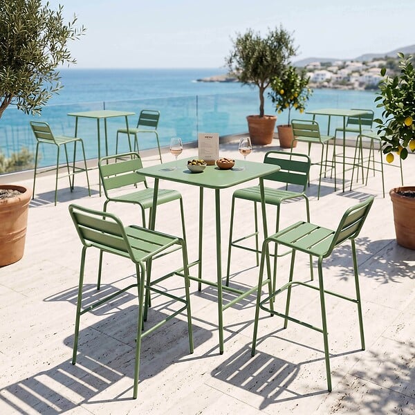 OVIALA - Table haute de jardin carrée en acier vert cactus - Palavas - large