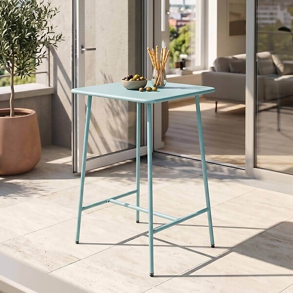 OVIALA - Table haute de jardin carrée en acier bleu turquoise 70cm - Palavas - large