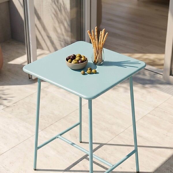OVIALA - Table haute de jardin carrée en acier bleu turquoise 70cm - Palavas - large