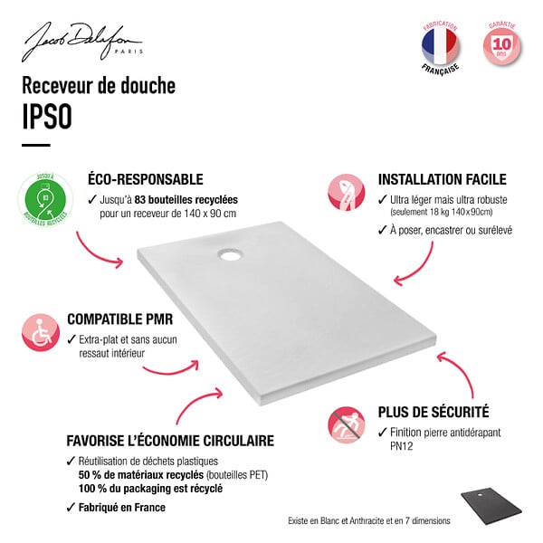 JACOB DELAFON - Receveur de douche 160 x 80 Ipso rectangle blanc - large