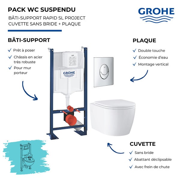 GROHE - Pack WC suspendu sans bride Start Round Ceramic  + abattant frein de chute + Bâti-support mur + Plaque chromé - large