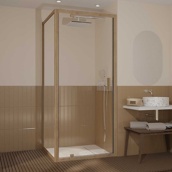 AURLANE - Porte de Douche Pivotante et Retour 90x90x200cm - Profilés Alu Effet Bois - Verre Trempé 6mm - large