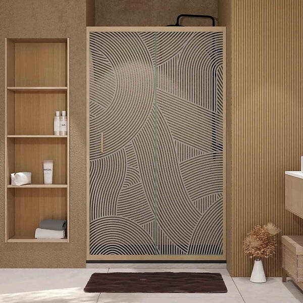 AURLANE - Porte de douche 120 coulissante HINATA - style Japandi courbes douces - Cadre effet Bois - Verre 6mm - large