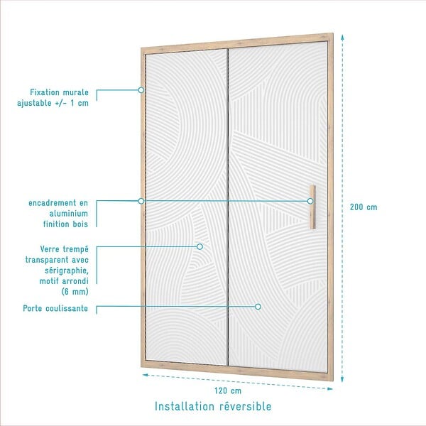 AURLANE - Porte de douche 120 coulissante HINATA - style Japandi courbes douces - Cadre effet Bois - Verre 6mm - large