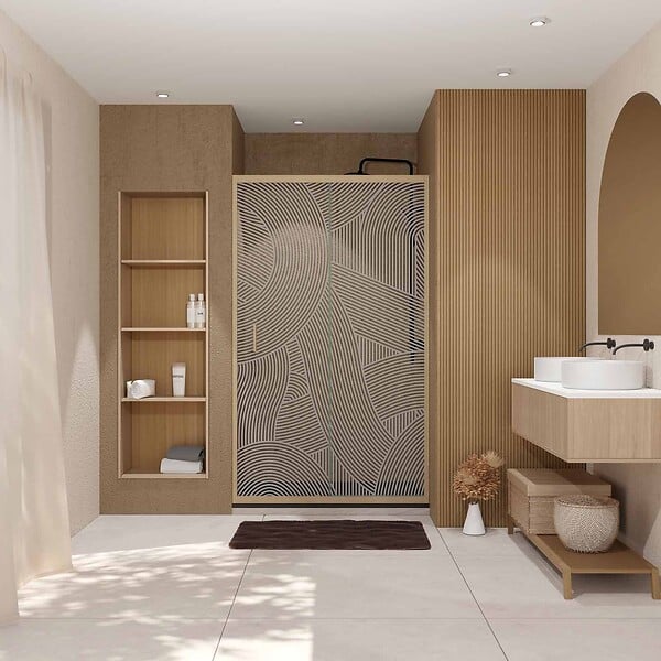 AURLANE - Porte de douche 120 coulissante HINATA - style Japandi courbes douces - Cadre effet Bois - Verre 6mm - large