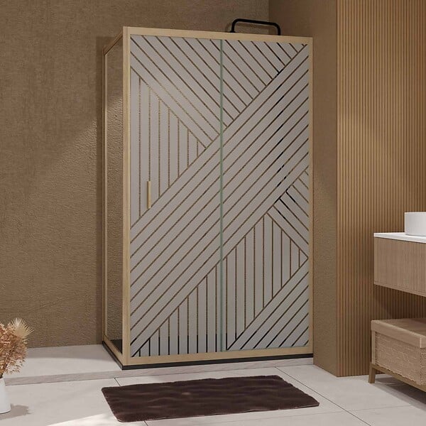 AURLANE - Porte de Douche Coulissante avec Retour 120x90x200cm Style Japandi Géométrique - Cadre Effet Bois - large