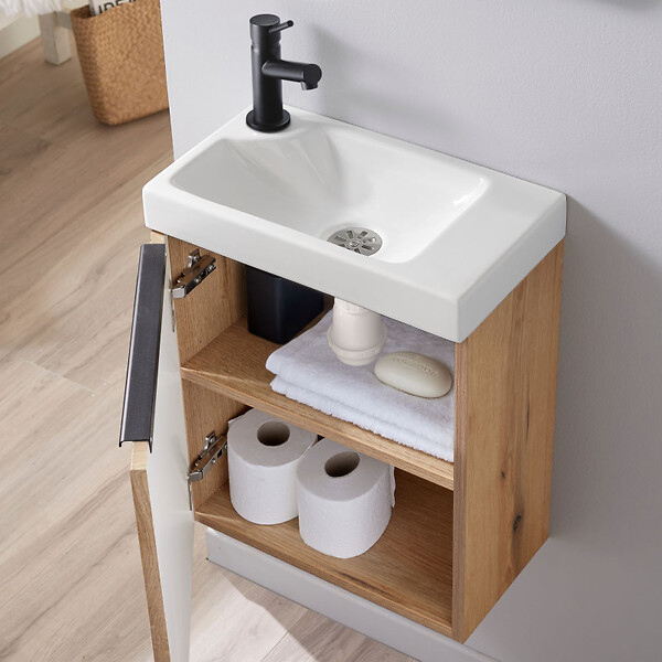 GODART - Meuble Strié Bois Solo avec poignée noire et lave-mains pour robinet à gauche - large