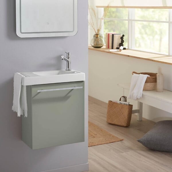GODART - Meuble vert mat Solo avec lave-mains et porte serviette intégré pour Robinet à droite - large
