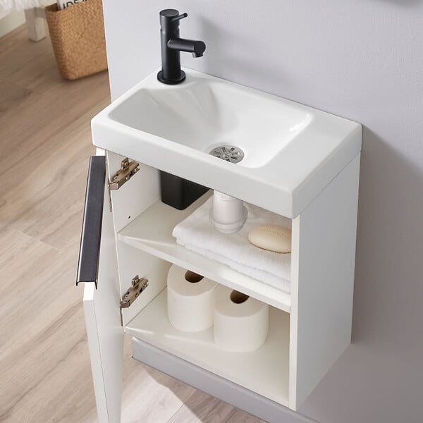 GODART - Meuble Blanc mat Solo avec poignée noire et lave-mains pour robinet à gauche - large