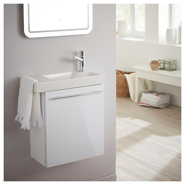 GODART - Meuble blanc brillant Solo avec lave-mains et porte serviette intégré pour Robinet à droite - large