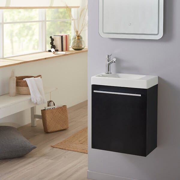 GODART - Meuble Lave-mains Noir mat pour robinet à gauche Solo - large