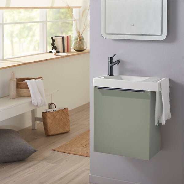 GODART - Meuble vert mat Solo avec lave-mains et porte serviette intégré pour Robinet à gauche - poignée noire - large