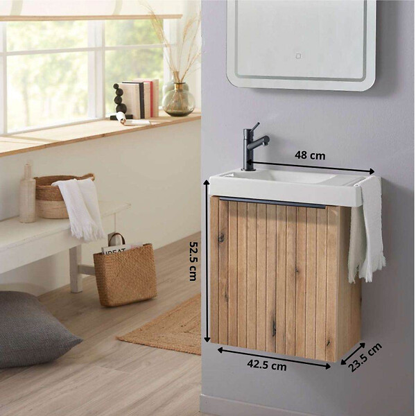 GODART - Meuble Strié Bois Solo avec lave-mains et porte serviette intégré pour Robinet à gauche - poignée noire - large