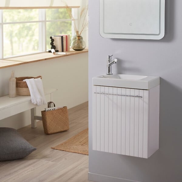 GODART - Meuble lave-mains Strié Blanc pour robinet à gauche Solo - large