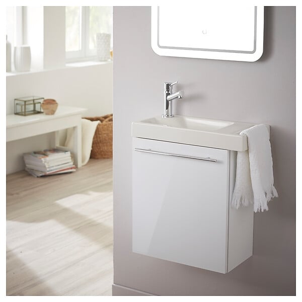 GODART - Meuble blanc brillant Solo avec lave-mains et porte serviette intégré pour Robinet à gauche - large