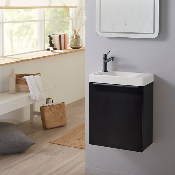 GODART - Meuble Noir mat Solo avec poignée noire et lave-mains pour robinet à gauche - large