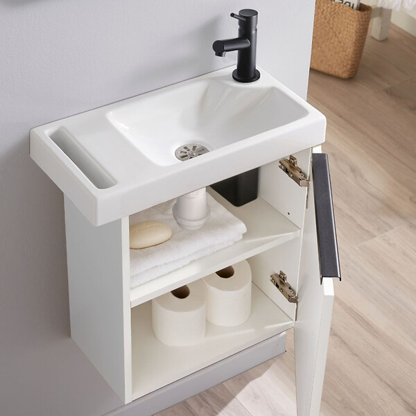 GODART - Meuble blanc mat Solo avec lave-mains et porte serviette intégré pour Robinet à droite - poignée noire - large