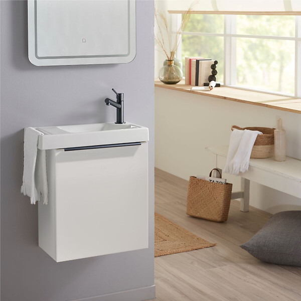GODART - Meuble blanc mat Solo avec lave-mains et porte serviette intégré pour Robinet à droite - poignée noire - large