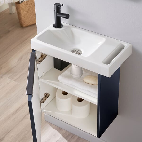 GODART - Meuble noir mat Solo avec lave-mains et porte serviette intégré pour Robinet à gauche - poignée noire - large