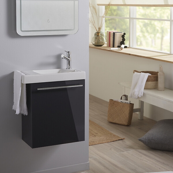 GODART - Meuble gris anthracite Solo avec lave-mains et porte serviette intégré pour Robinet à droite - large