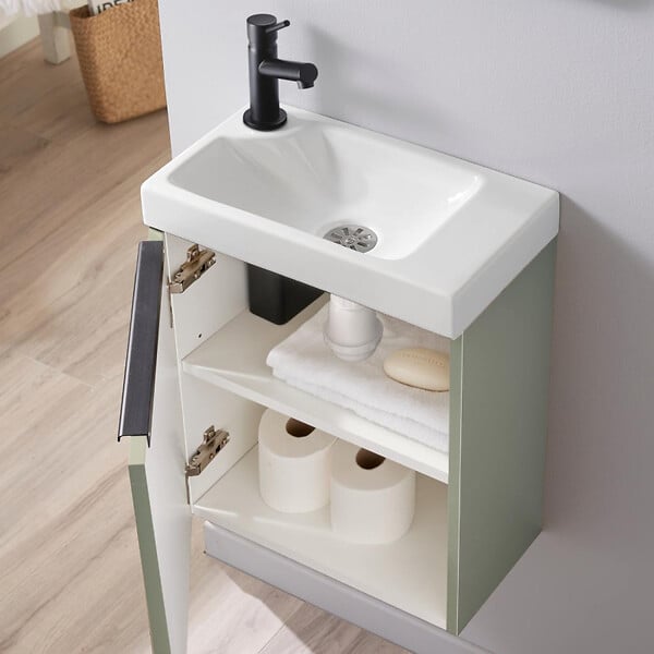 GODART - Meuble Vert Solo avec poignée noire et lave-mains pour robinet à gauche - large