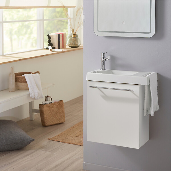 GODART - Meuble blanc mat Solo avec lave-mains et porte serviette intégré pour Robinet à gauche - large