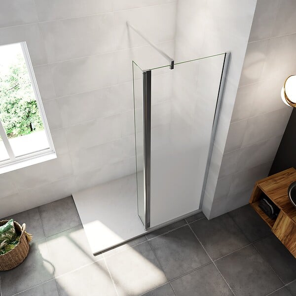 AICA SANITAIRE - Paroi de douche à l'italienne 50x200cm Modèle Brume avec retour pivotant 40x200cm, verre 8mm trempé, avec barre de fixation 140cm en carré - large