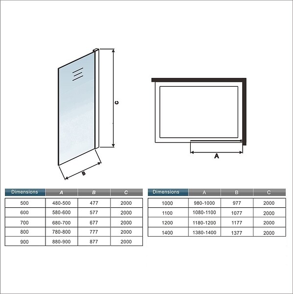 AICA SANITAIRE - Paroi de douche fixe à l'italienne 60x200cm Modèle Brume, verre 8mm trempé anticalcaire, avec barre de stabilisation 140cm en carré - large