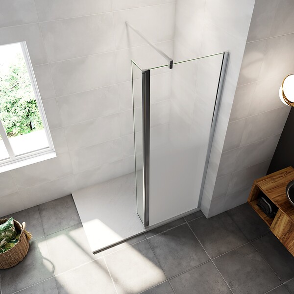 AICA SANITAIRE - Paroi de douche à l'italienne 80x200cm Modèle Brume avec retour pivotant 40x200cm, verre 8mm trempé, avec barre de fixation 140cm en carré - large