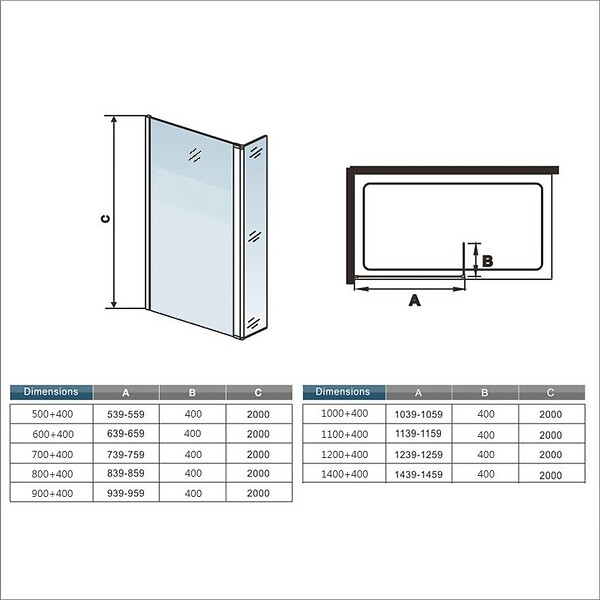 AICA SANITAIRE - Paroi de douche à l'italienne 80x200cm Modèle Brume avec retour pivotant 40x200cm, verre 8mm trempé, avec barre de fixation 140cm en carré - large