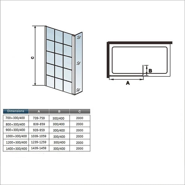 AICA SANITAIRE - Paroi de douche à l'italienne 90+30x200cm en verre coloré avec un retour pivotant 30cm et une barre de fixation en 90cm - large