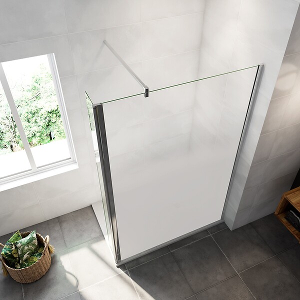 AICA SANITAIRE - Paroi de douche à l'italienne 140x200cm Modèle Brume avec retour pivotant 30x200cm, verre 8mm trempé, avec barre de fixation 140cm en carré - large