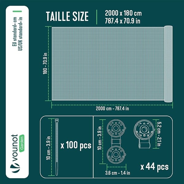 VOUNOT - Brise vue occultant en HDPE 90g/m² 1.8x20m avec attaches de fixation anthracite - large