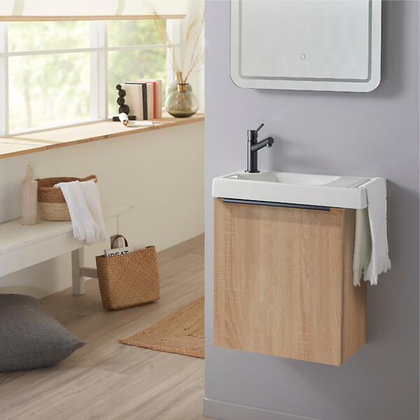 GODART - Meuble décor chêne oak Solo avec lave-mains et porte serviette intégré pour Robinet à gauche - poignée noire - large