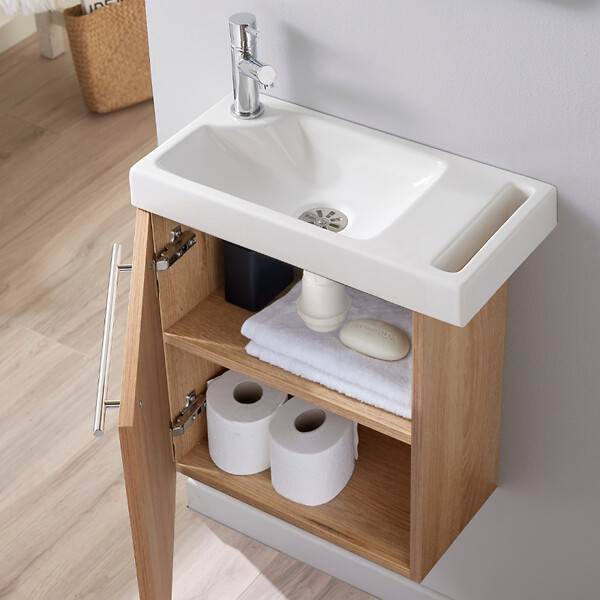 GODART - Meuble décor chêne oak Solo avec lave-mains et porte serviette intégré pour Robinet à gauche - large